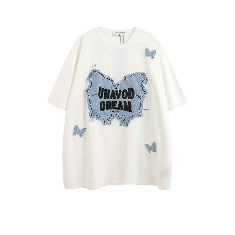 Denim Patch Decorative Short Sleeve T-Shirt For Women | MuddyStock Originals MuddyStock