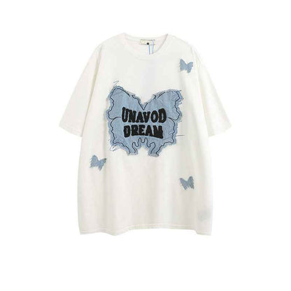 Denim Patch Decorative Short Sleeve T-Shirt For Women | MuddyStock Originals MuddyStock