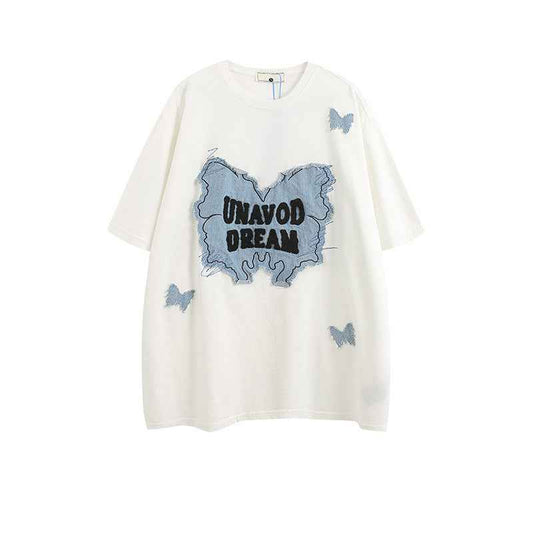 Denim Patch Decorative Short Sleeve T-Shirt For Women | MuddyStock Originals MuddyStock