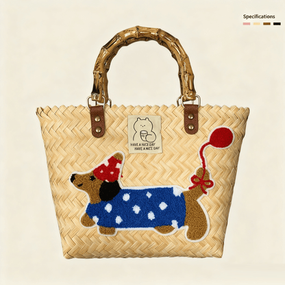 Large capacity sausage dog hand woven cabbage basket bag Bamboo Joint - Premium Rice Balloon Dog