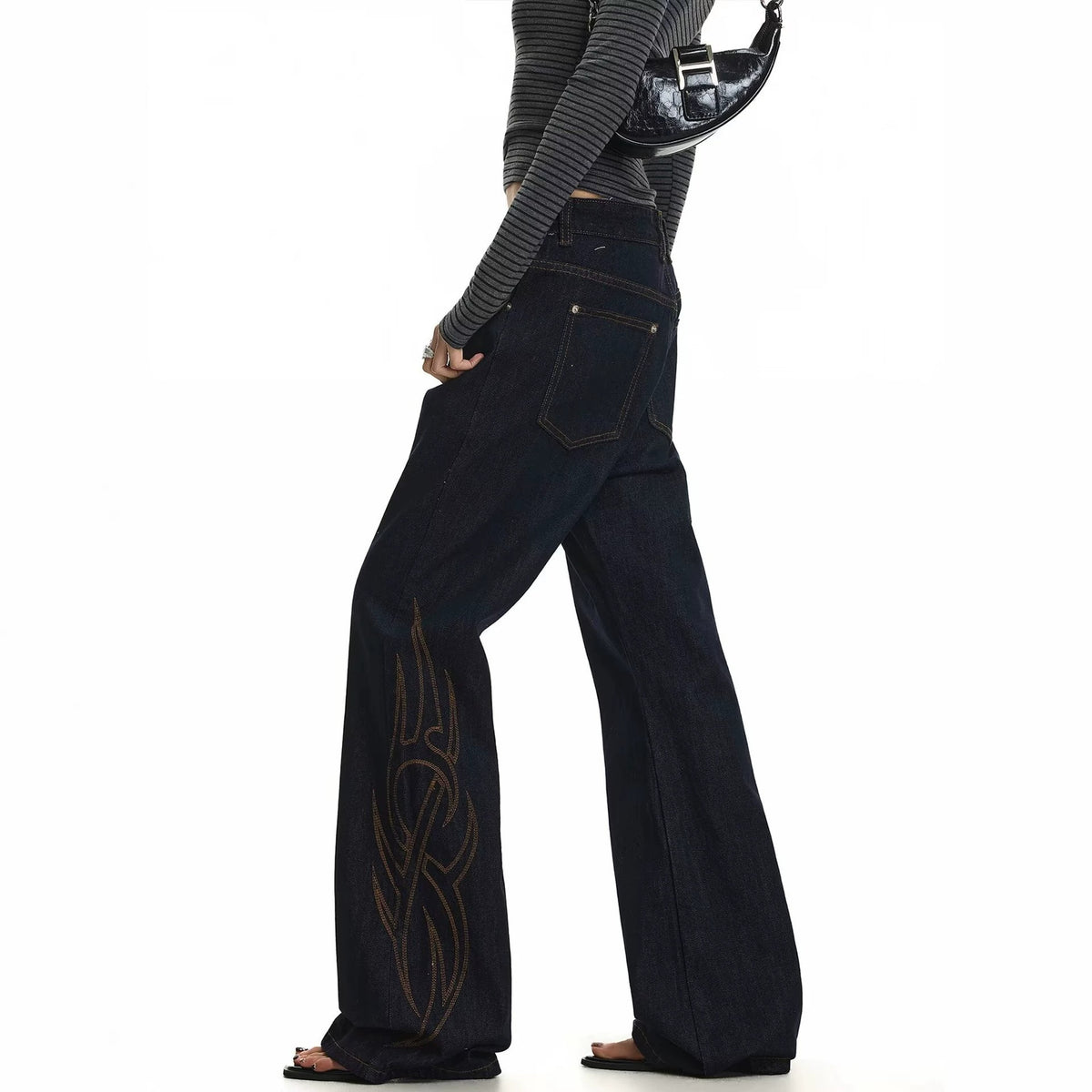 Vintage Tribal Embroidery Slim Fit Flared Denim High Waist Zipper Jeans