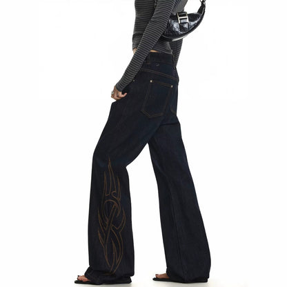 Vintage Tribal Embroidery Slim Fit Flared Denim High Waist Zipper Jeans