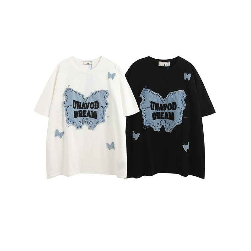 Denim Patch Decorative Short Sleeve T-Shirt For Women | MuddyStock Originals MuddyStock