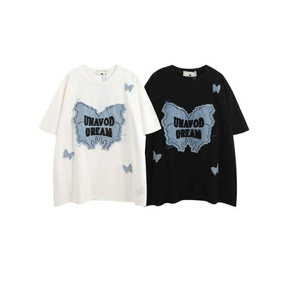 Denim Patch Decorative Short Sleeve T-Shirt For Women | MuddyStock Originals MuddyStock