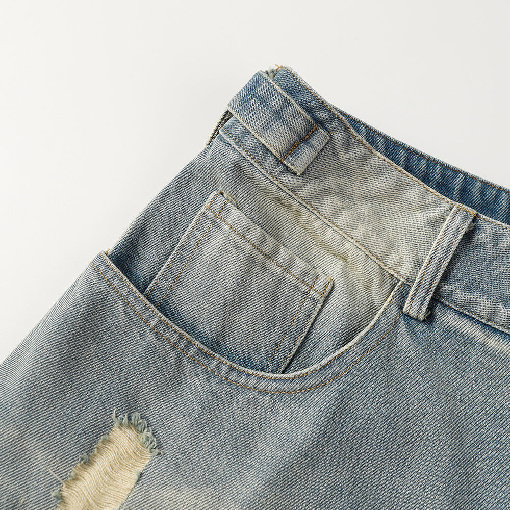 Heavy Distressed Washed Denim Shorts Men's Punk Frayed Hem Loose Straight Leg Five-Quarter Pants Summer