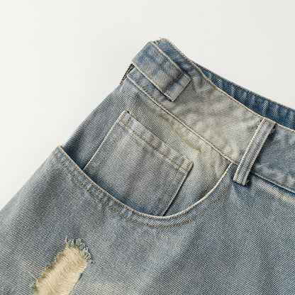 Heavy Distressed Washed Denim Shorts Men's Punk Frayed Hem Loose Straight Leg Five-Quarter Pants Summer