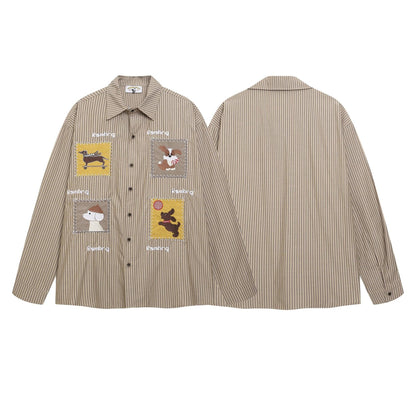 Cartoon Stripe Cute Dog Design Casual Loose Long Sleeve Shirt For Men | MuddyStock Originals