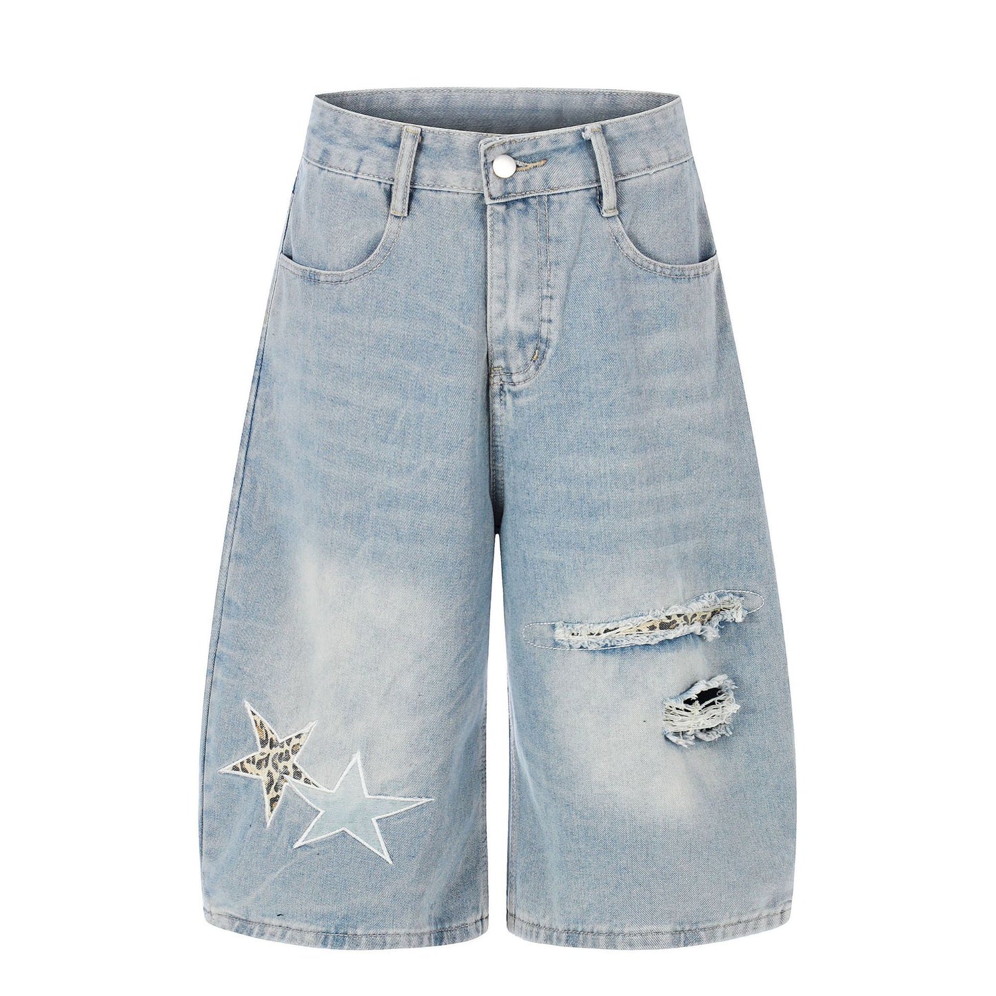Distressed Leopard Print Star Denim Crop Pants, Loose Wide Leg Washed Casual Mid-Length Shorts Blue