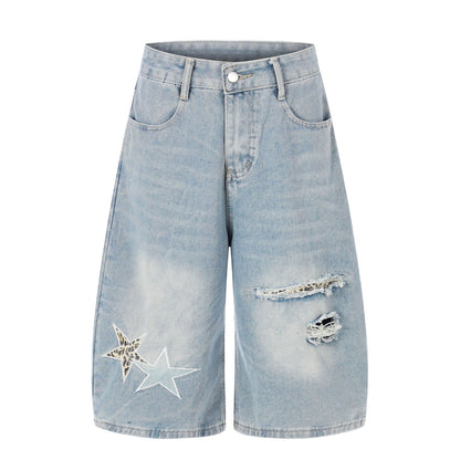 Distressed Leopard Print Star Denim Crop Pants, Loose Wide Leg Washed Casual Mid-Length Shorts Blue