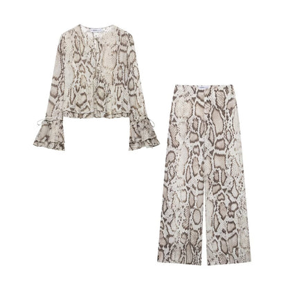 Women's European and American style flared sleeve printed shirt+casual pants set Brown suit