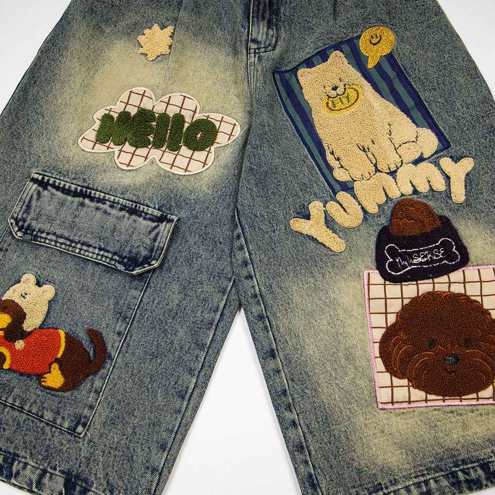 Denim shorts with contrasting colors, polished white, distressed