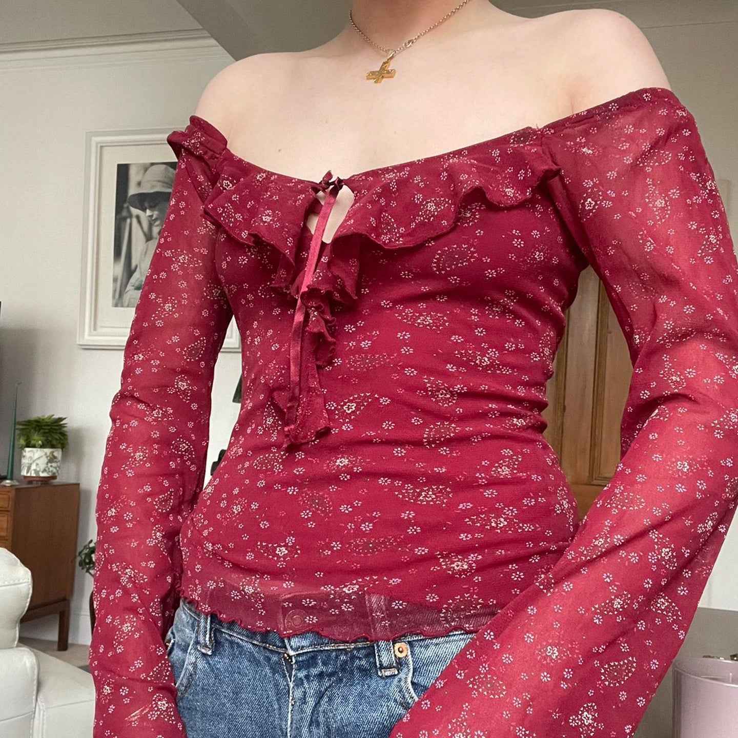 Jacquard square neck floral ruffle top for women | MuddyStock Originals MuddyStock