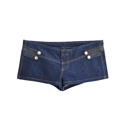 Multi row metal buckle denim jacket+shorts two-piece set for women