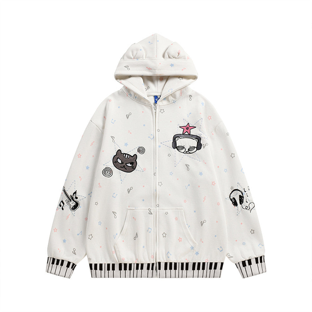 Men's Starry Pattern Cartoon Ears Zip-Up Hoodie Loose Casual Streetwear Jacket