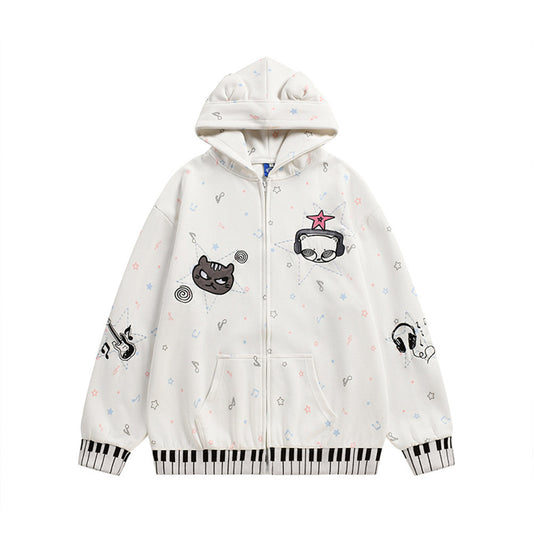 Men's Starry Pattern Cartoon Ears Zip-Up Hoodie Loose Casual Streetwear Jacket