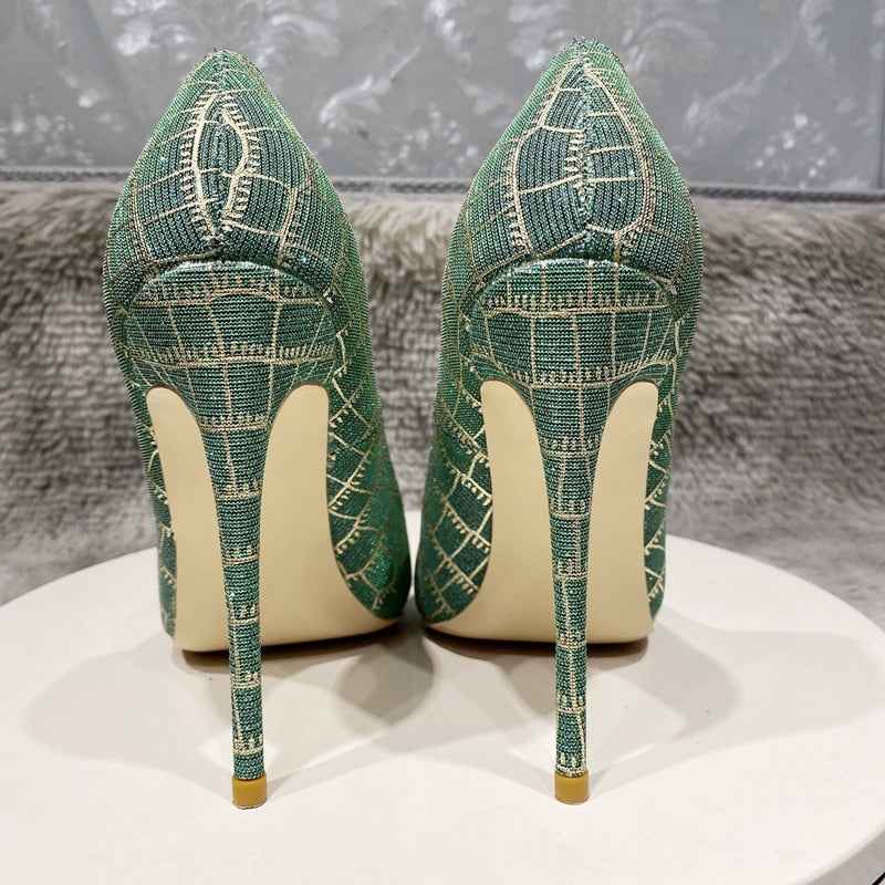 Glitter Embossed Crocodile Effect Women Greem Pointy Toe High Heel