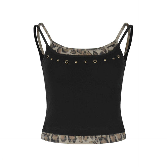 Leopard Print Faux Two-Piece Halter Top for Women | MuddyStock Originals Black