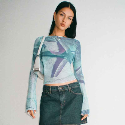 Abstract printed flared sleeve short top for women | MuddyStock Originals
