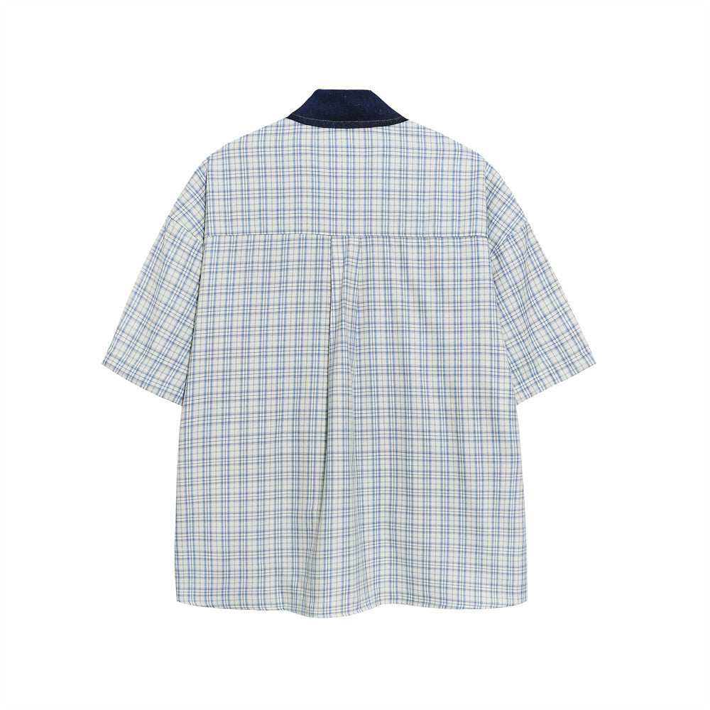 Cartoon embroidery plaid short sleeved shirt