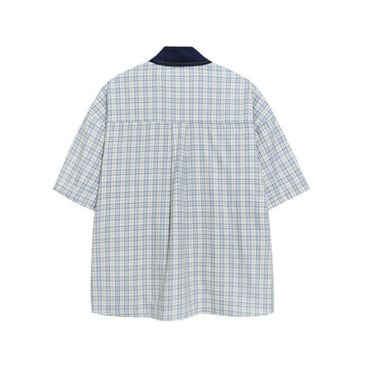 Cartoon embroidery plaid short sleeved shirt