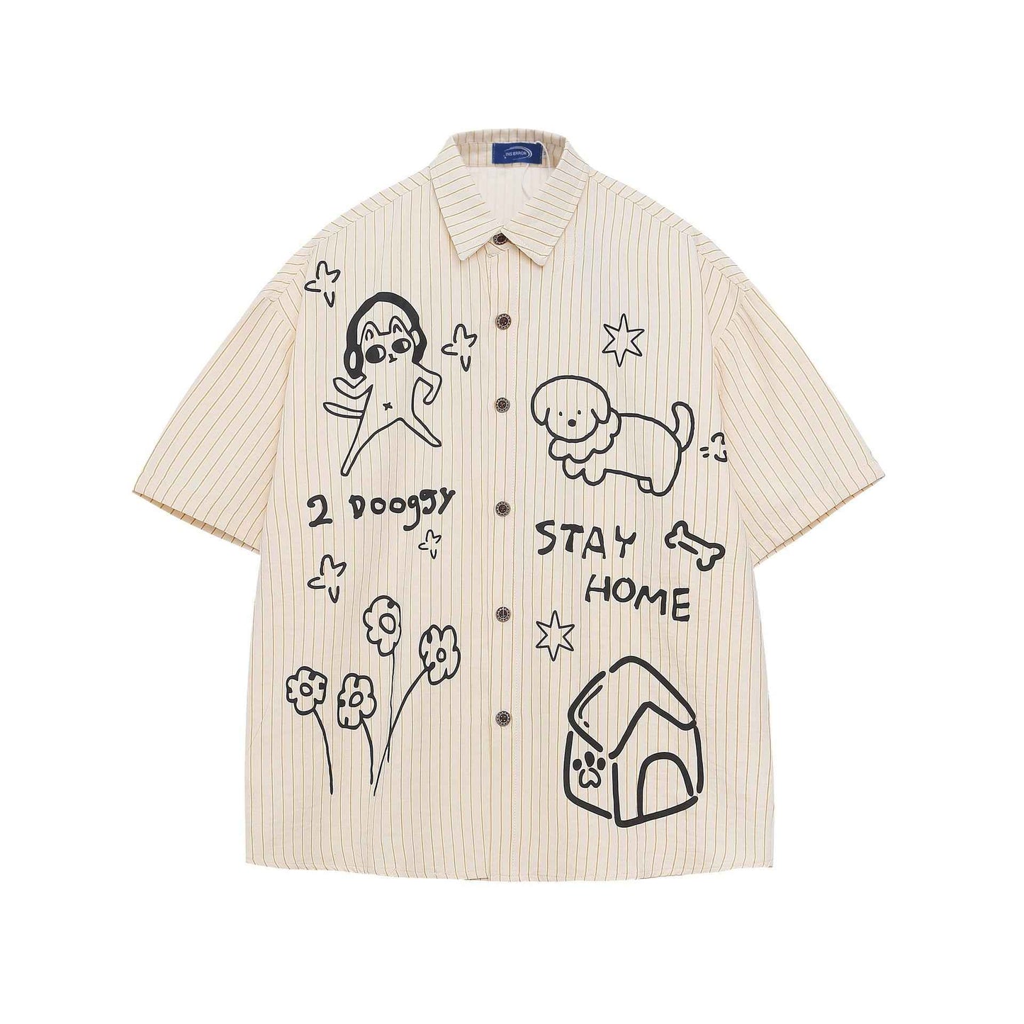 Cat and Dog Striped Short Sleeve Beige