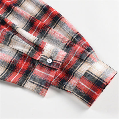 Men's Vintage Dark Portrait Plaid Long Sleeve Shirt Casual Loose Streetwear Style