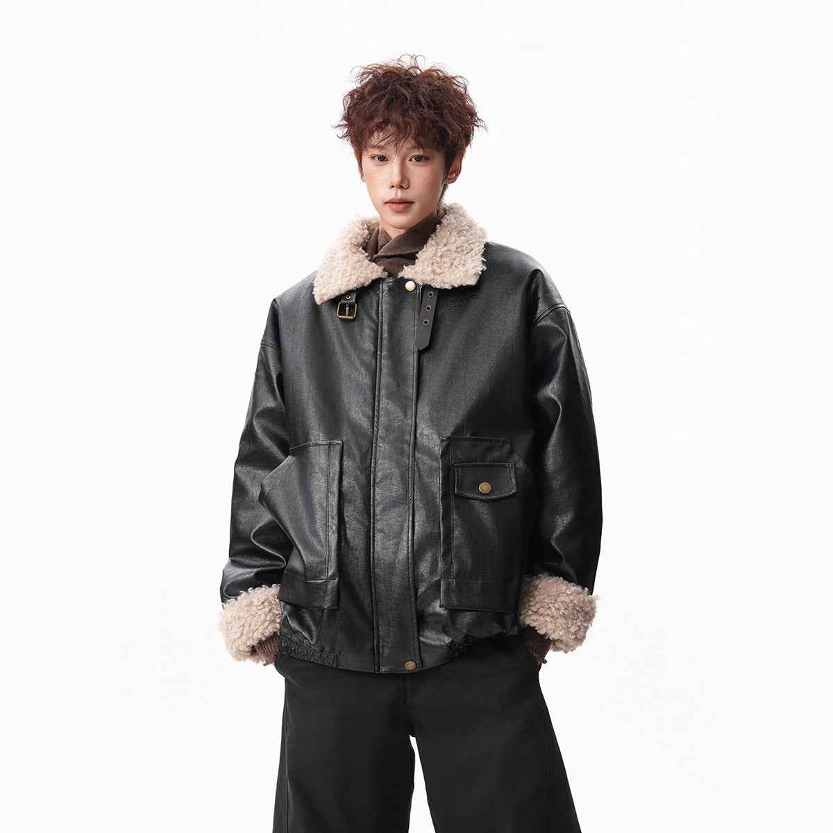 Shearling Motorcycle Jacket with Turn-down Collar For Men | MuddyStock Originals Black MuddyStock