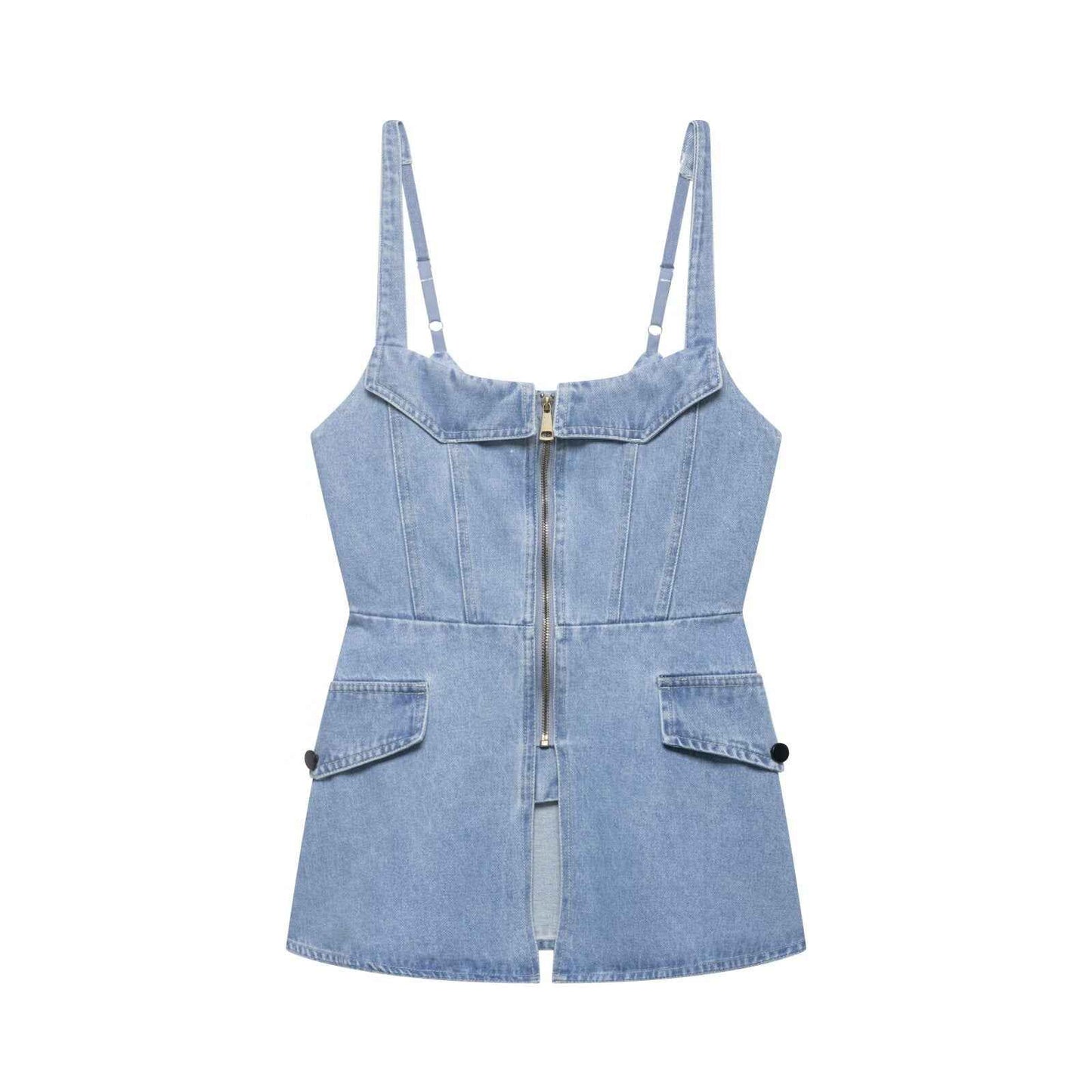 Zipper Splicing Cowboy Tight Strap Top For Women | MuddyStock Originals Light blue