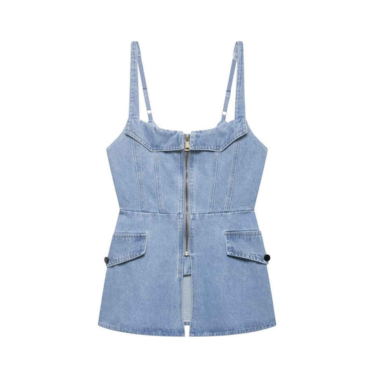 Zipper Splicing Cowboy Tight Strap Top For Women | MuddyStock Originals Light blue