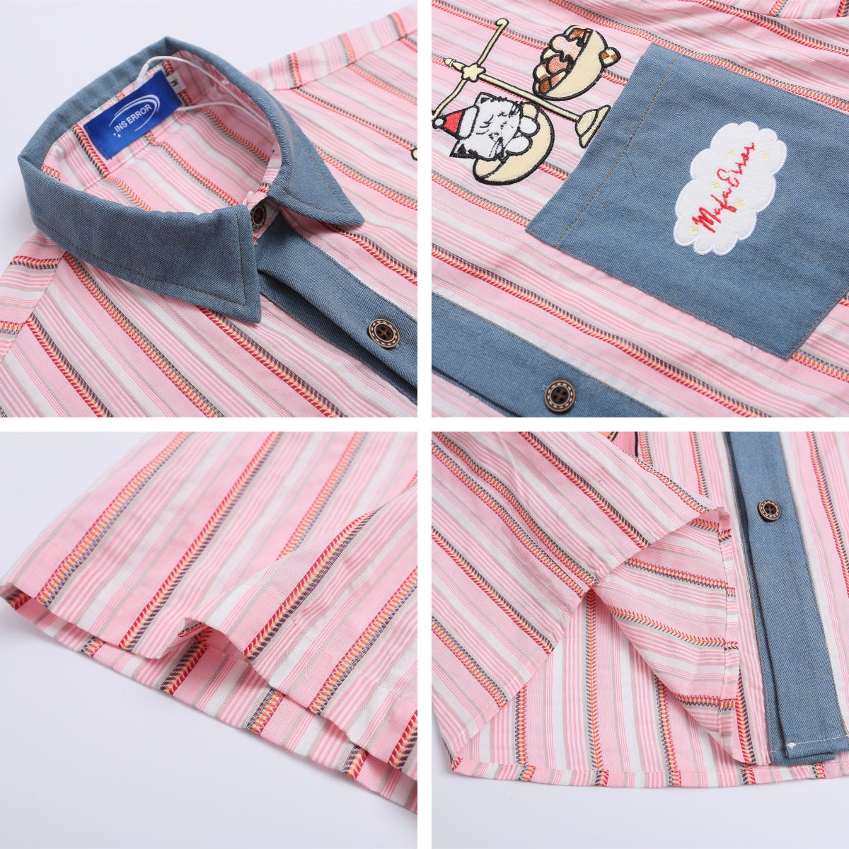 Cartoon Embroidery Patchwork Denim Design Short Sleeve Shirt Unisex Loose Casual Blouse