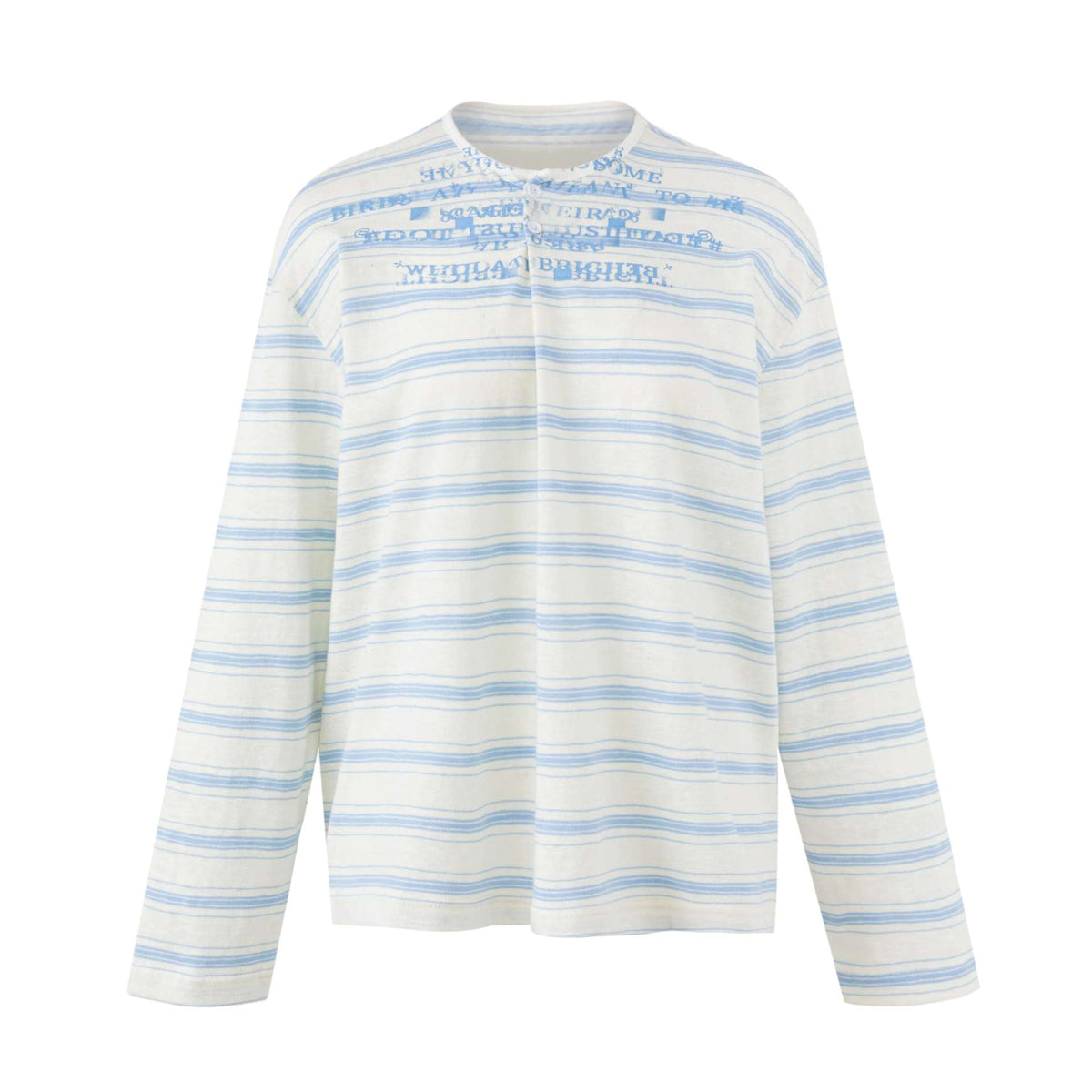 Faded Letter Pleated Henley Stripe Long Sleeve T-Shirt for Men Blue