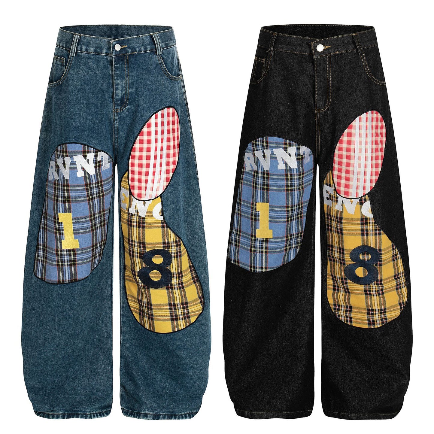 Plaid Patchwork Embroidered Denim Pants For Men And Women | MuddyStock Originals eprolo
