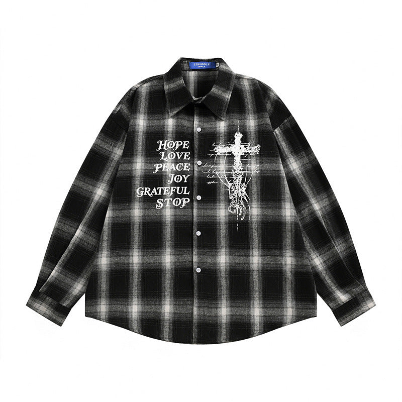 Oversized Plaid Long Sleeve Collared Shirt with Cross and Letter Print