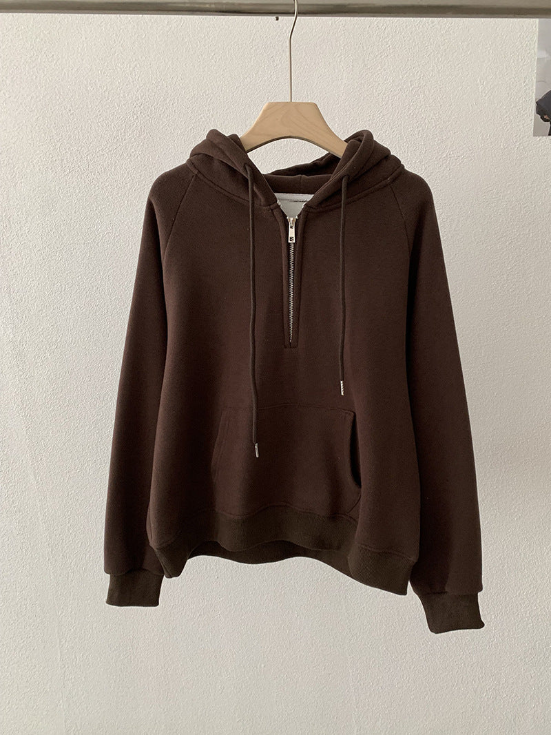 Omalai Half-Zip Hooded Pullover Sweatshirt Women Loose Thick Fleece Long Sleeve Solid Color Top Real Shot Brown One Size eprolo