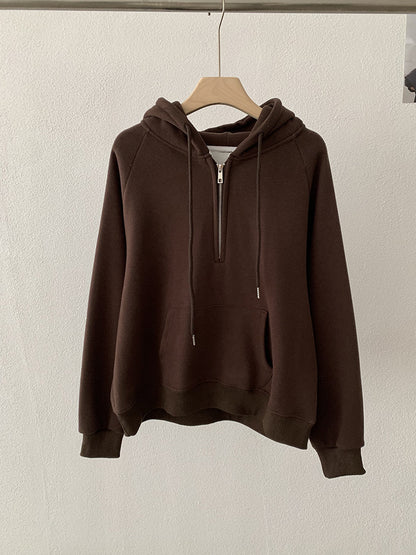 Omalai Half-Zip Hooded Pullover Sweatshirt Women Loose Thick Fleece Long Sleeve Solid Color Top Real Shot Brown One Size eprolo