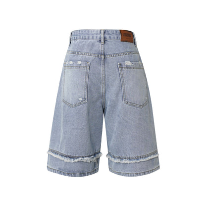Washed Distressed Patchwork Cat Whisker Denim Shorts Unisex Loose Wide Leg Five-Point Pants