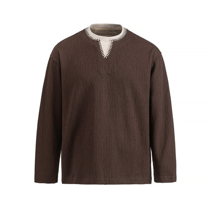 Loose Textured Mock Two-Piece Long Sleeve T-Shirt For Men | MuddyStock Originals Brown