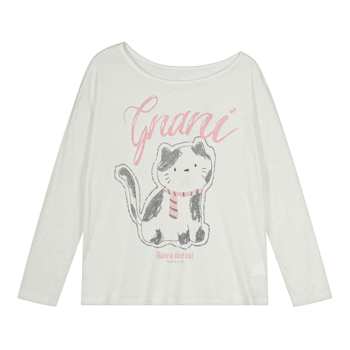 Cute cartoon cat printed slanted shoulder long sleeved T-shirt for women | MuddyStock Originals White eprolo