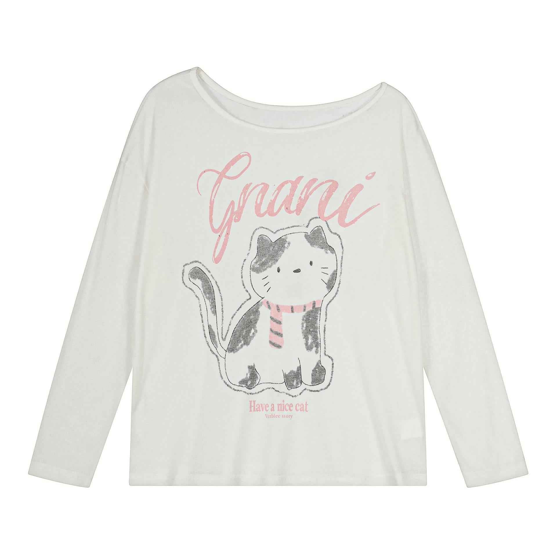 Cute cartoon cat printed slanted shoulder long sleeved T-shirt for women | MuddyStock Originals White eprolo