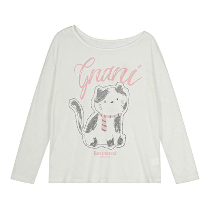 Cute cartoon cat printed slanted shoulder long sleeved T-shirt for women | MuddyStock Originals White eprolo