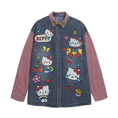 Fun Cartoon Printed Plaid Long Sleeve Shirt For Women | MuddyStock Originals eprolo
