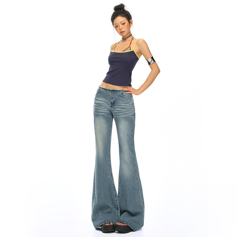 Retro Blue Low-Waist Spicy Girl Denim Pants Women Non-Thigh-Sticking Slim Fit Versatile Drape Flare Jeans Vintage Blue Long Pants
