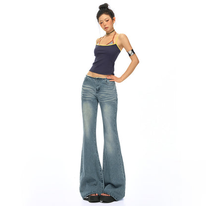 Retro Blue Low-Waist Spicy Girl Denim Pants Women Non-Thigh-Sticking Slim Fit Versatile Drape Flare Jeans Vintage Blue Long Pants