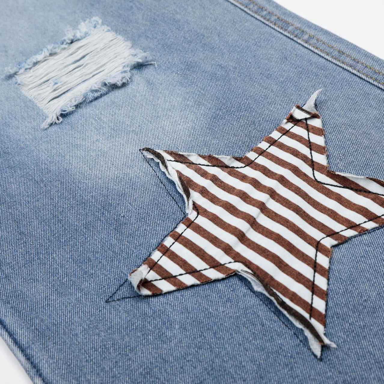 Star Patch Washed Blue Wide Leg Casual Versatile Straight Leg Jeans For Women | MuddyStock Originals