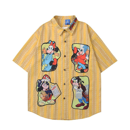 Retro Cartoon Applique Striped Short Sleeve Shirt for Men and Women | MuddyStock Originals