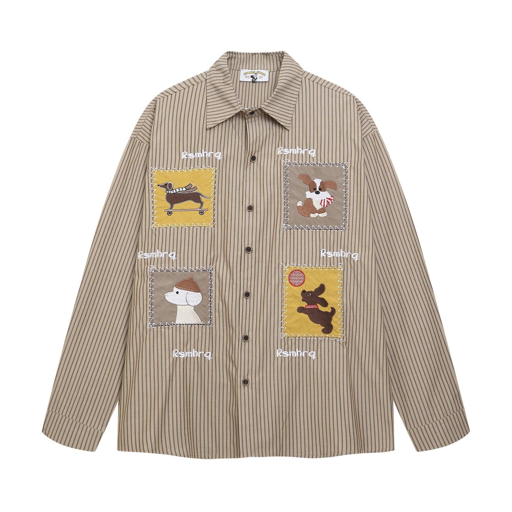 Cartoon Stripe Cute Dog Design Casual Loose Long Sleeve Shirt For Men | MuddyStock Originals Khaki