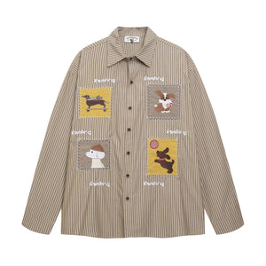 Cartoon Stripe Cute Dog Design Casual Loose Long Sleeve Shirt For Men | MuddyStock Originals Khaki