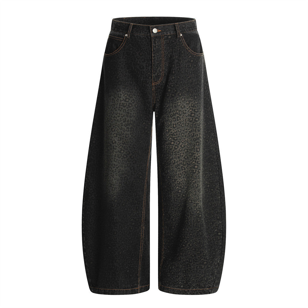Retro Leopard Print Knife-Edge Jeans For Men | MuddyStock Originals Black