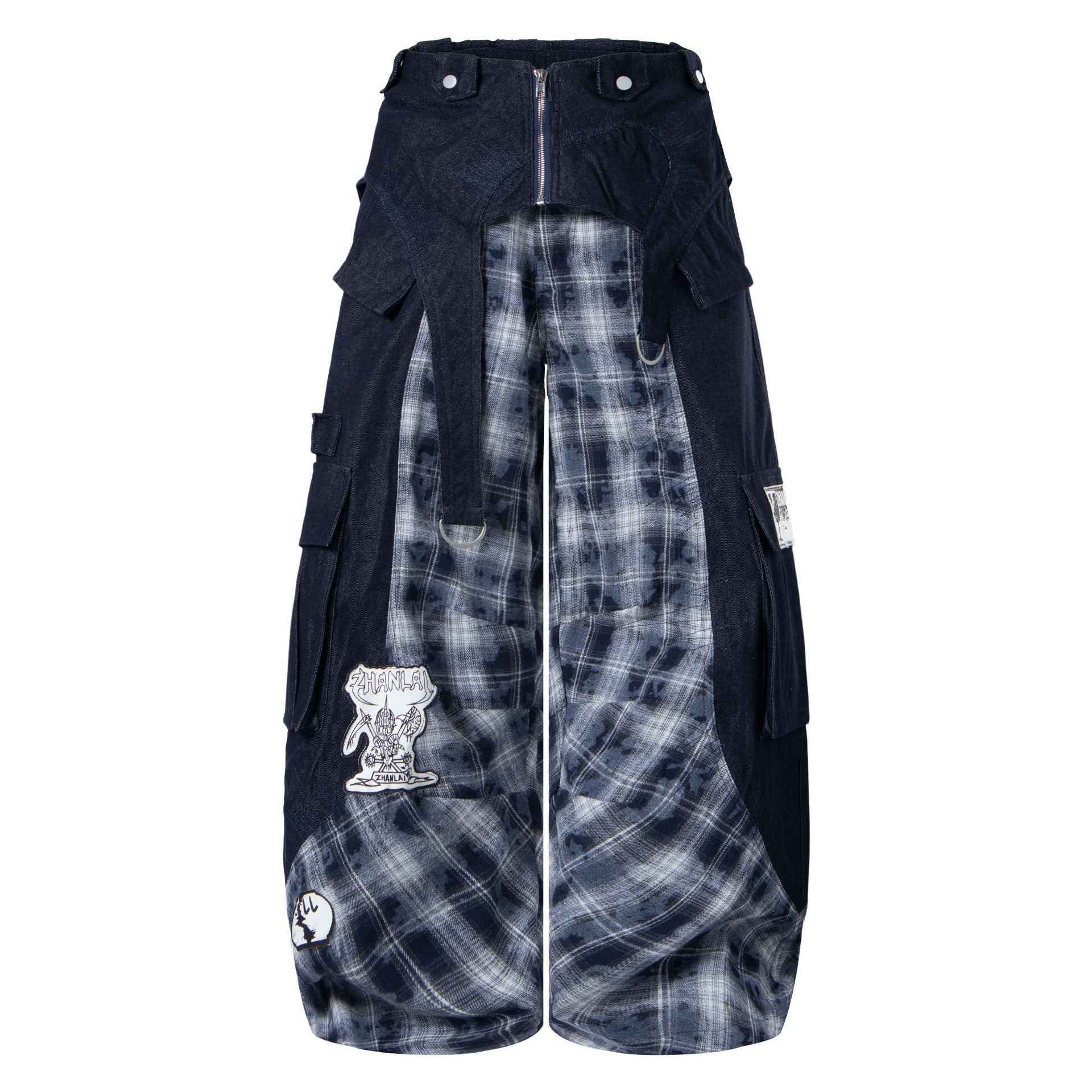 Patchwork plaid workwear jeans with waistband | MuddyStock Originals Black and Blue