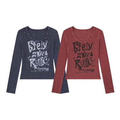 Letter U-Neck Long Sleeve Women's Stud Decorated Slim Fit Crop Top | MuddyStock Originals